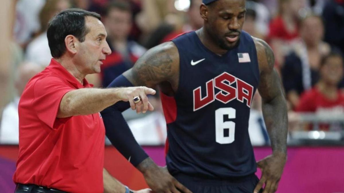 Mike Krzyzewski and LeBron James at the 2012 Olympics in London.