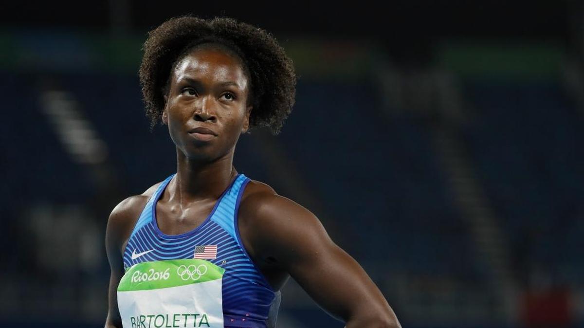 Tianna Bartoletta of the U.S. reacts after winning a women’s 100-meter heat during the Summer Olympics in Rio de Janeiro, Brazil, on Friday, Aug. 12, 2016.