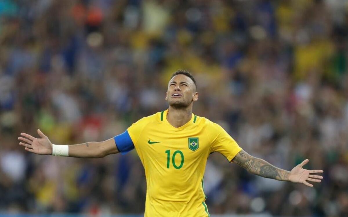 Brazil’s Neymar celebrates after scoring the decisive penalty kick against Germany in the men’s final at Maracana Stadium to give his country its first gold medal in soccer.