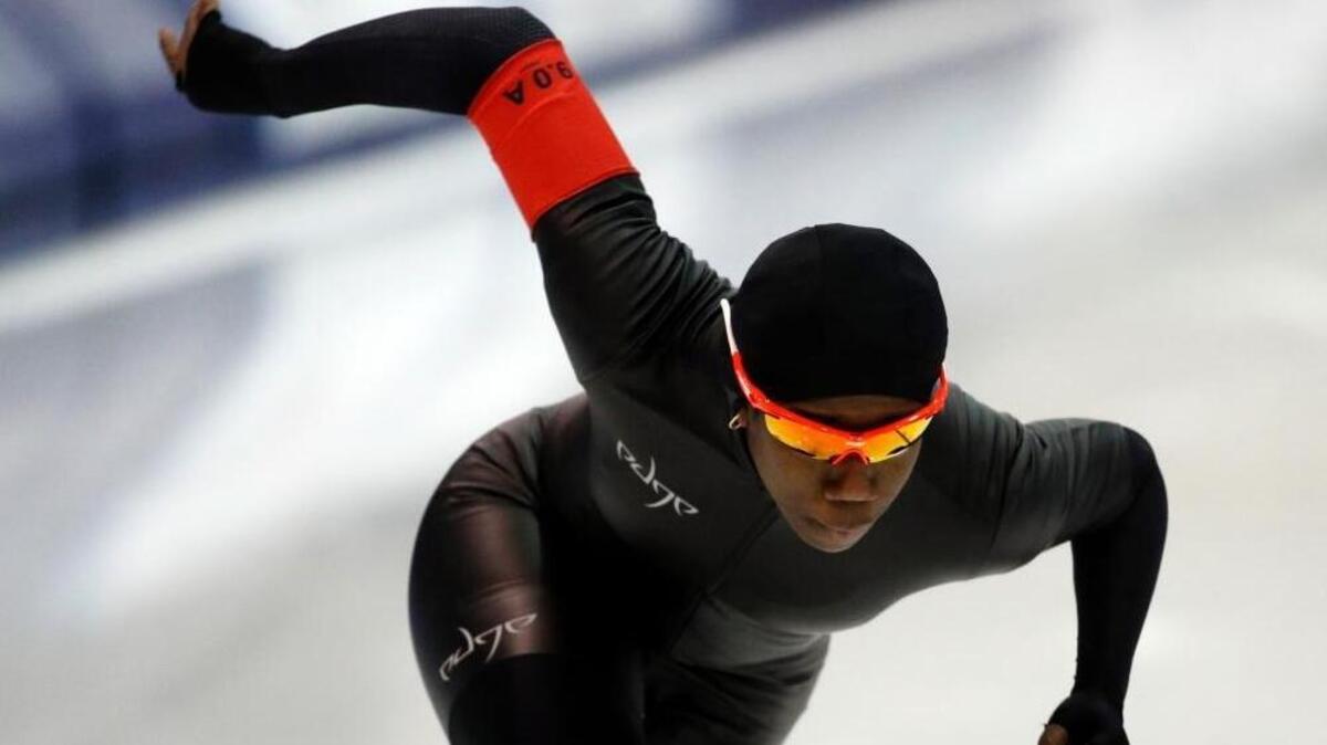 Erin Jackson competes in the women’s 500 meters during the U.S. Olympic long track speedskating trials in Milwaukee. Jackson, a former inliner, is the first black female skater to make a U.S. Olympic long track team.