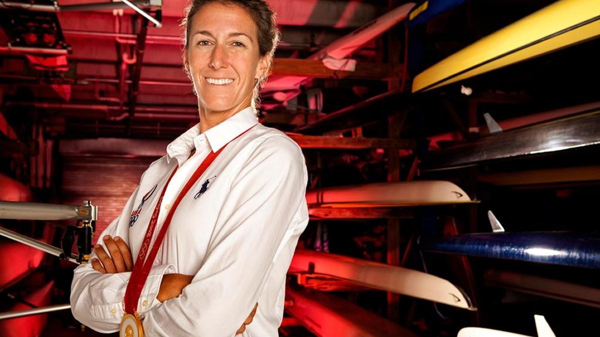 
U.S. Olympic gold medalist Lindsay Shoop in the boat bay at the Miami Beach Rowing Club.
