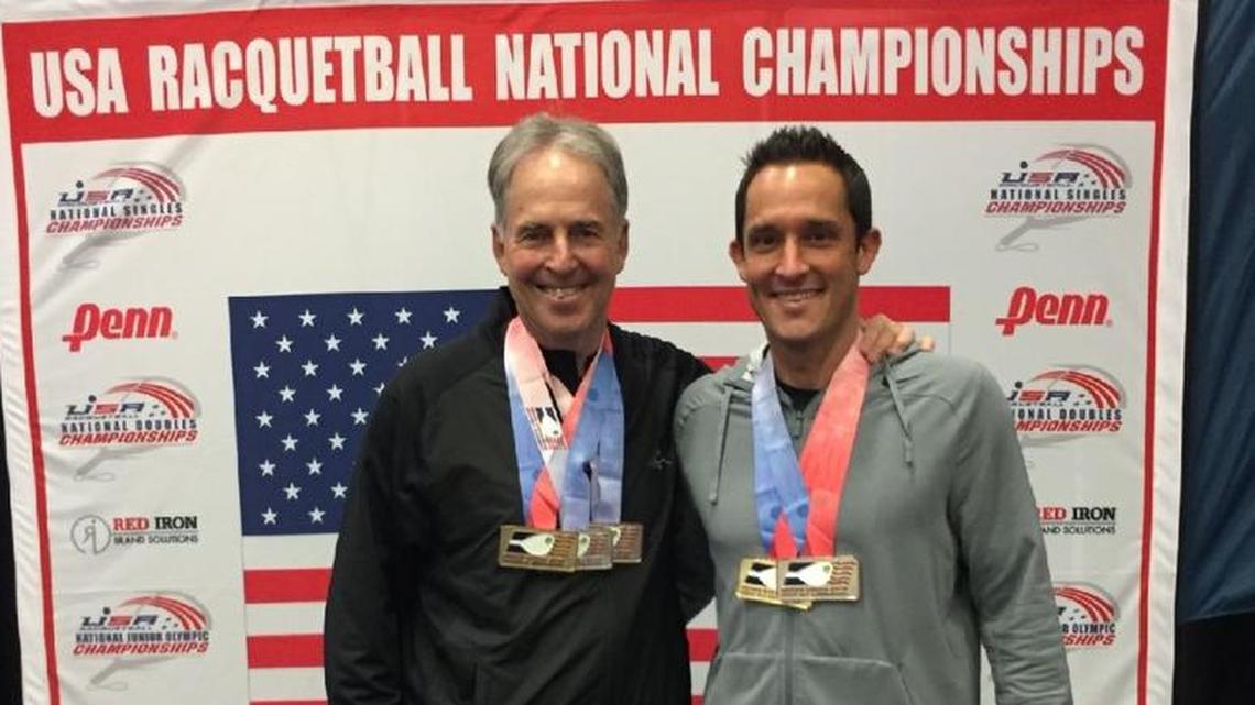 Father-and-son racquetball players Marc Burns, 67, and Jonathan “JB” Burns, 39, won the U.S. Open Racquetball National Championships earlier this month at the Target Center in Minneapolis.
