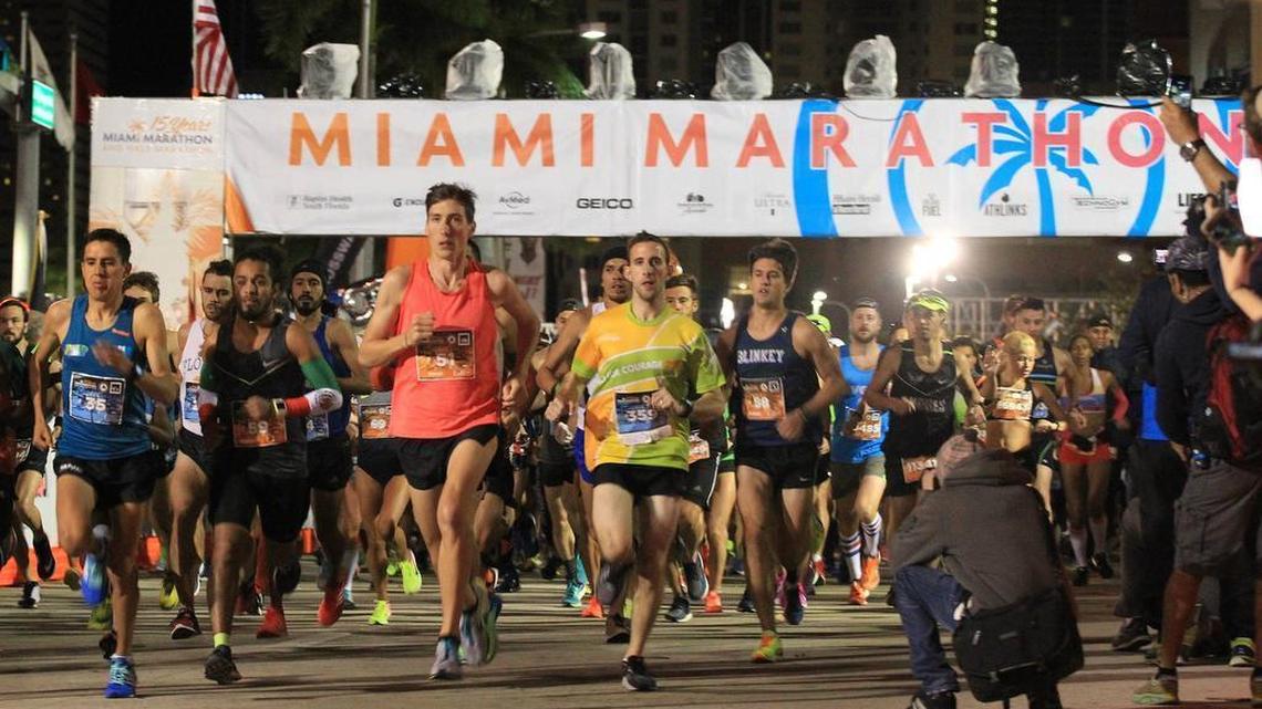 Thousands of runners participate in the Miami Marathon under cold and wet conditions on Jan. 29, 2017. The marathon has a new title sponsor for the 2018 race.
