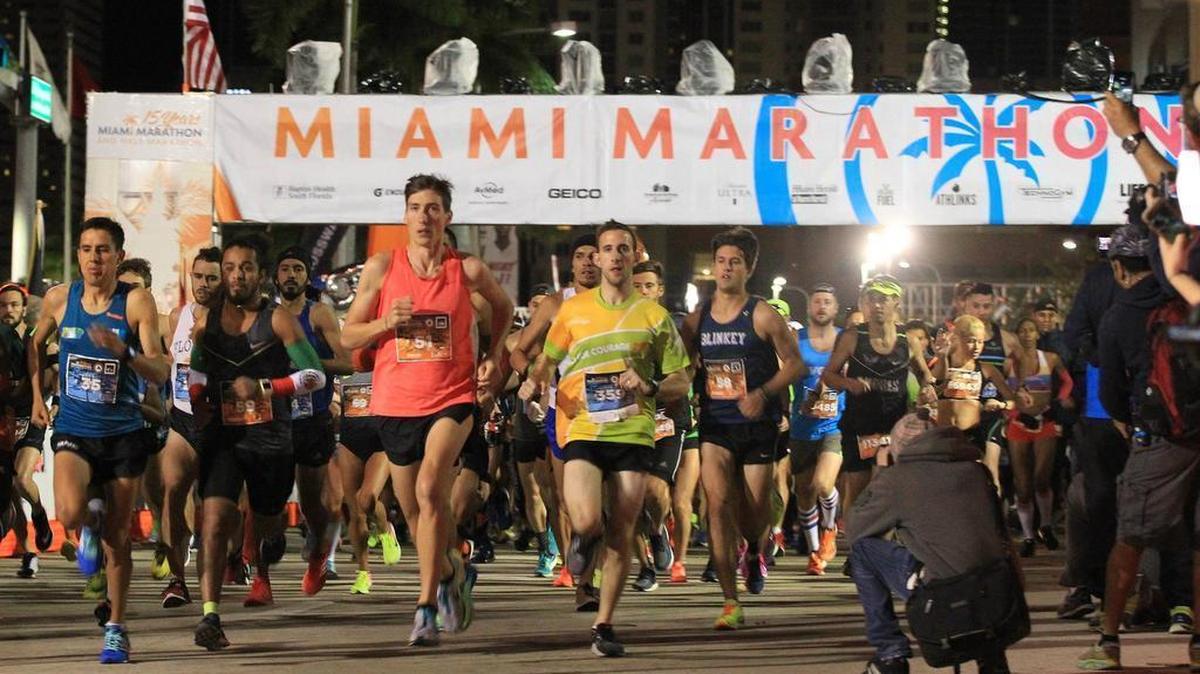Thousands of runners participate in the Miami Marathon under cold and wet conditions on Jan. 29, 2017. The 2019 edition takes off Sunday at the same location at AmericanAirlines Arena.