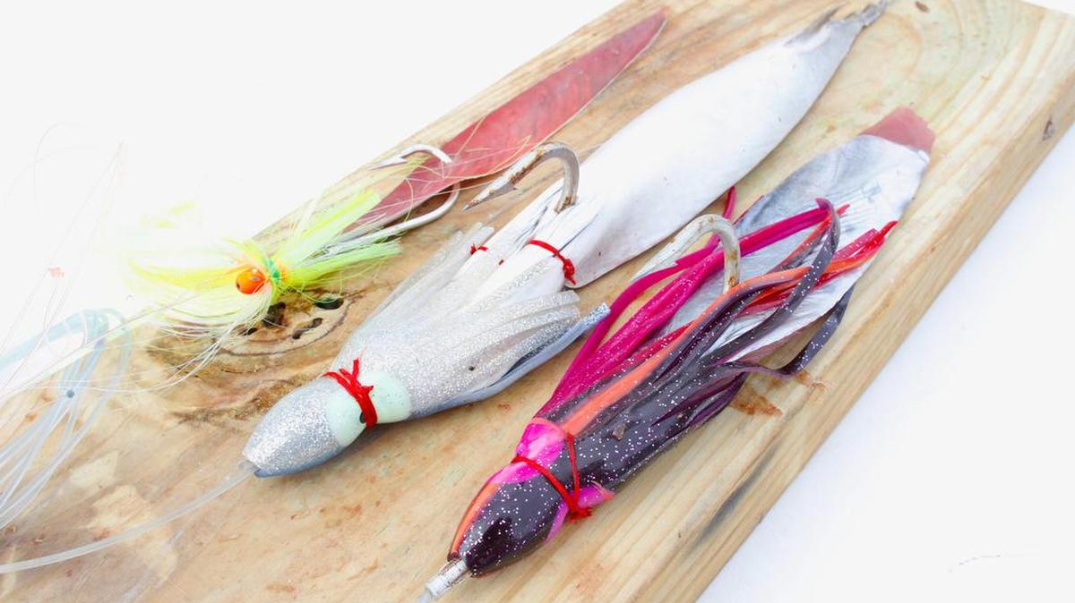 
From left, the classic bonita strip, the belly strip and the side strip are rigged and ready to go to help anglers catch a wide variety of sport fish when applied properly.
