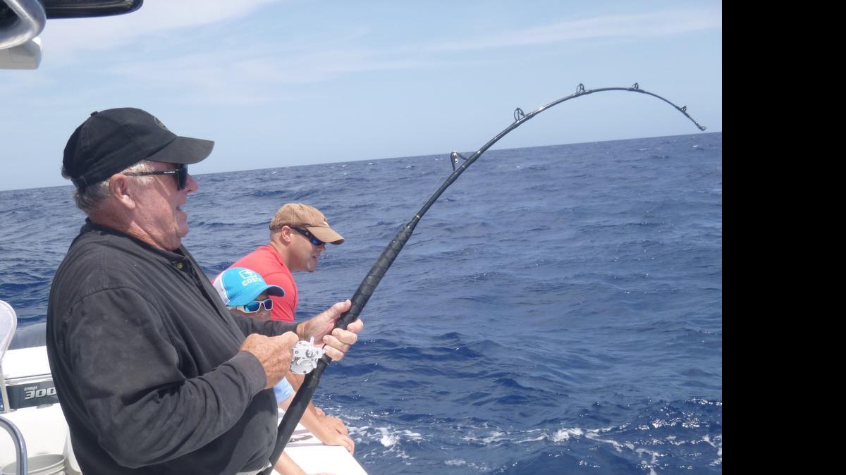 
Captain Ralph Delph fights an amberjack estimated at 30 pounds aboard Protege, the charterboat of his son, captain Billy Delph. The fish was caught and released in the Gulf near the Dry Tortugas.
