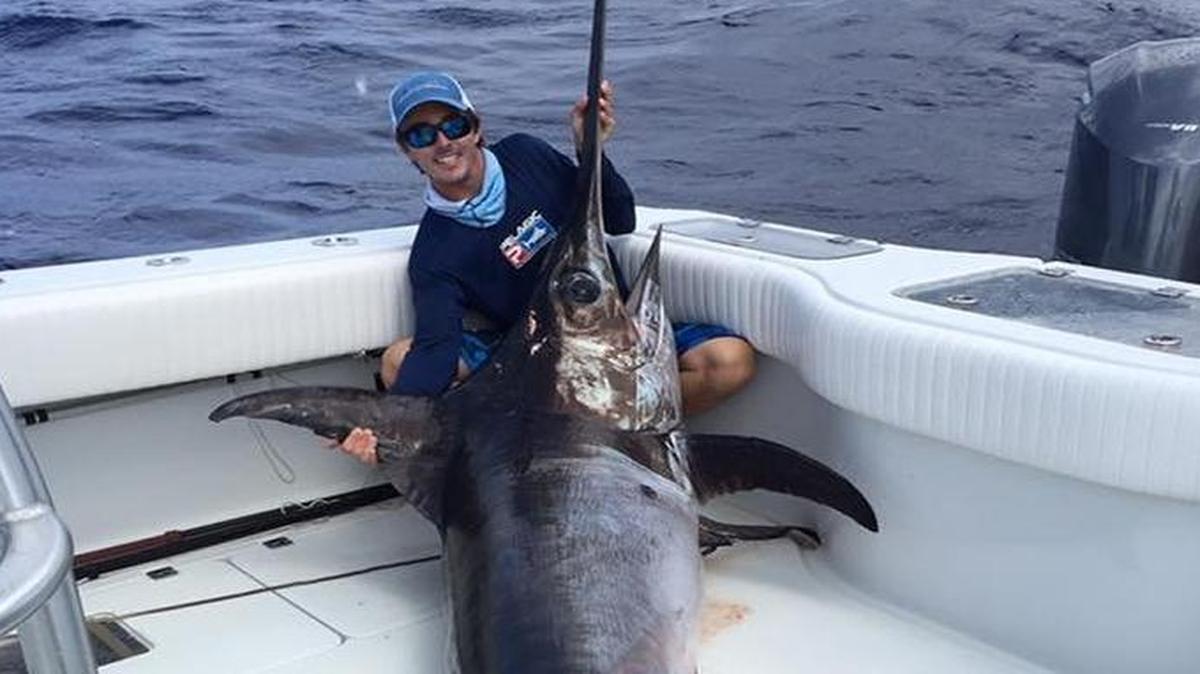 Captain Nick Stanczyk displays a 423-pound swordfish, which is similar to the one caught last week by three fishing buddies from Atlanta recently offshore of Miami.