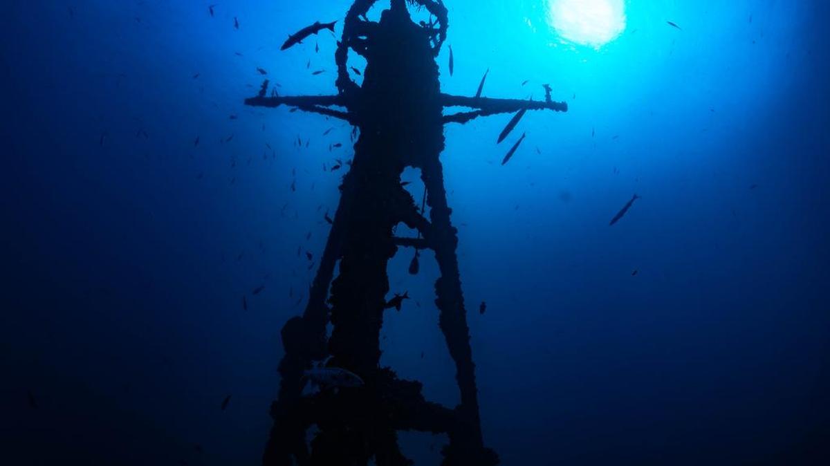 This is a view of the crows nest of the sunken USS Duane off Key Largo.