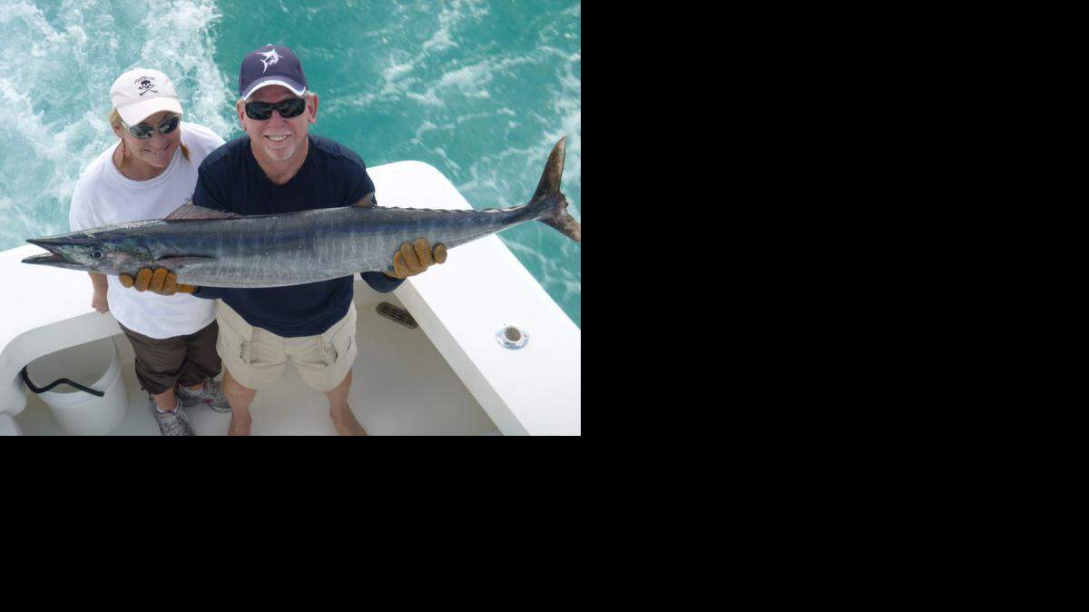 
Pam and Bruce Boring of Key Colony Beach hold up Bruce’s 26.7-pound wahoo caught on Miss Kethleen during the recent Bimini Wahoo Smackdown.
