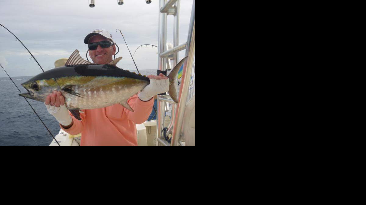 
Tim Lindholm of Chicago holds up one of the larger blackfin tuna caught on the 409 Hump with captain Brian Cone on the Contagious.
