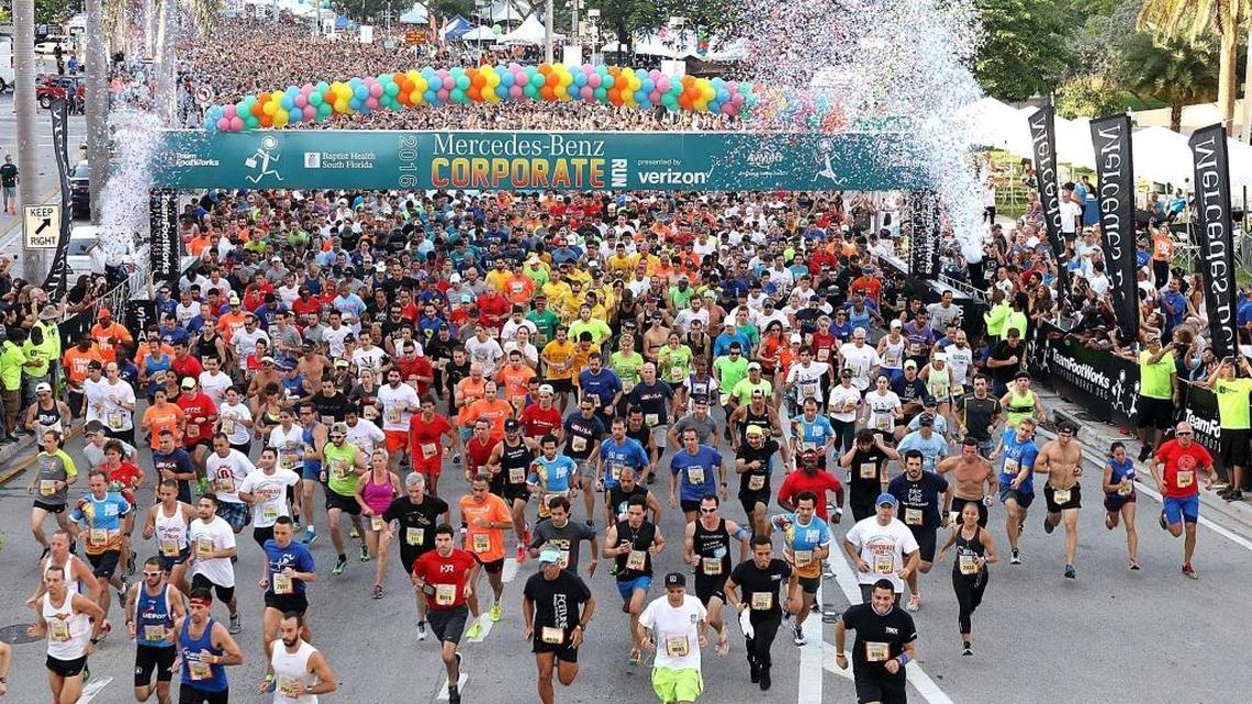 A crowd of runners flooded Biscayne Boulevard at the start line as the Mercedes-Benz Miami Corporate Run celebrate its 31th anniversary of health and wellness with 27,000 registered runners at Bayfront Park on Thursday April 28, 2016. Registration has begun for the 2017 Corporate Run race series.