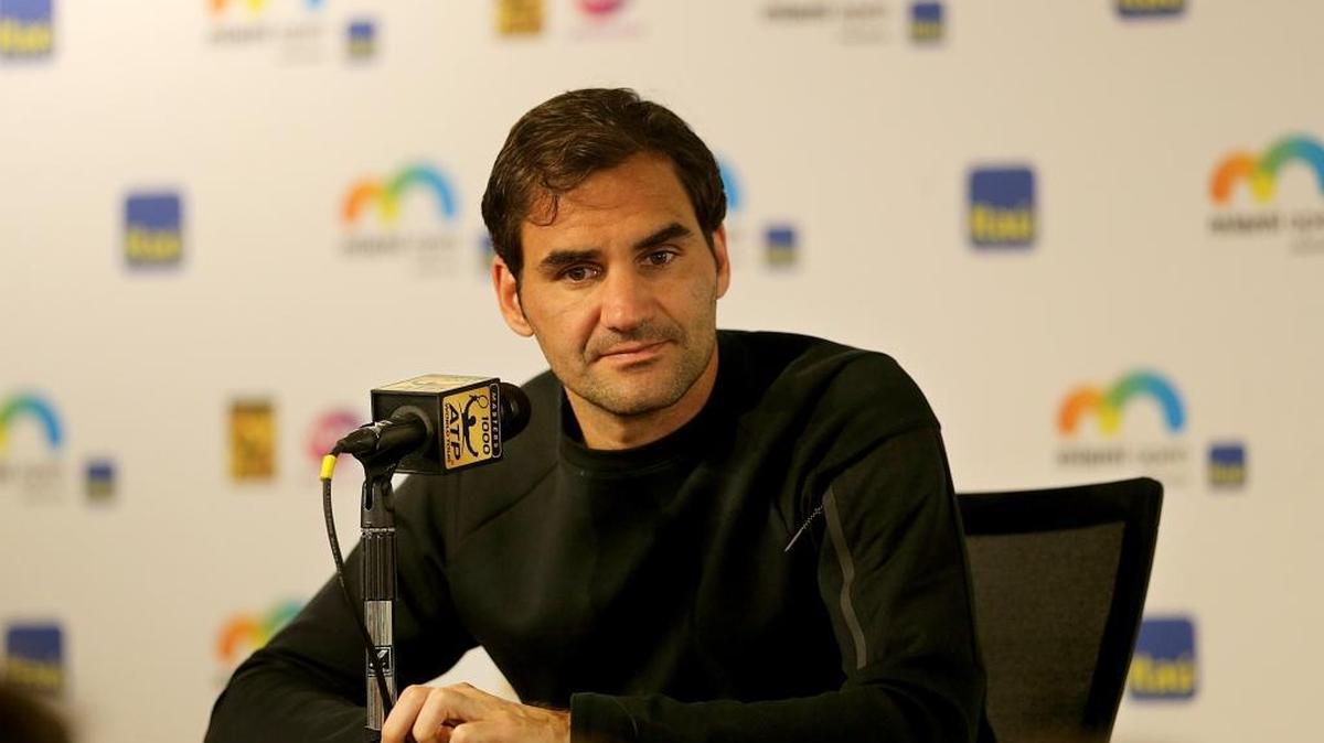 Roger Federer of Switzerland, who is currently ranked world No.1 in men's singles tennis by the ATP, talks to the media at the Miami OpenTennis tournament 2018, on Thursday, March 22, 2018.