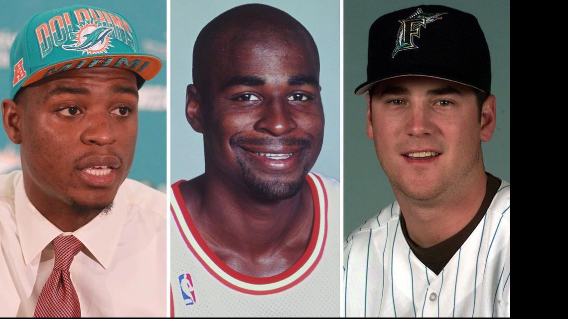 
Major South Florida sports busts include Dion Jordan of the Miami Dolphins, left, Harold Miner of the Heat, center, and Josh Booty of the Marlins.
