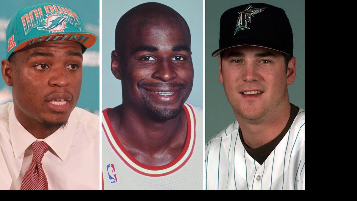 
Major South Florida sports busts include Dion Jordan of the Miami Dolphins, left, Harold Miner of the Heat, center, and Josh Booty of the Marlins.
