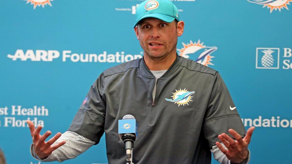 Miami Dolphins coach Adam Gase talks to the media about his quarterback situation at the Miami Dolphins training facility in August.