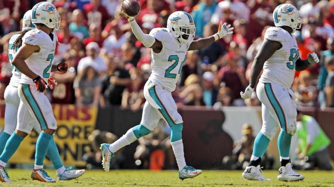 Miami Dolphins defensive back Brice McCain (24) after picking up a fourth quarter interception. The Washington Redskins host the Miami Dolphins at FedExField in Landover, Maryland on Sunday, September 13, 2015.