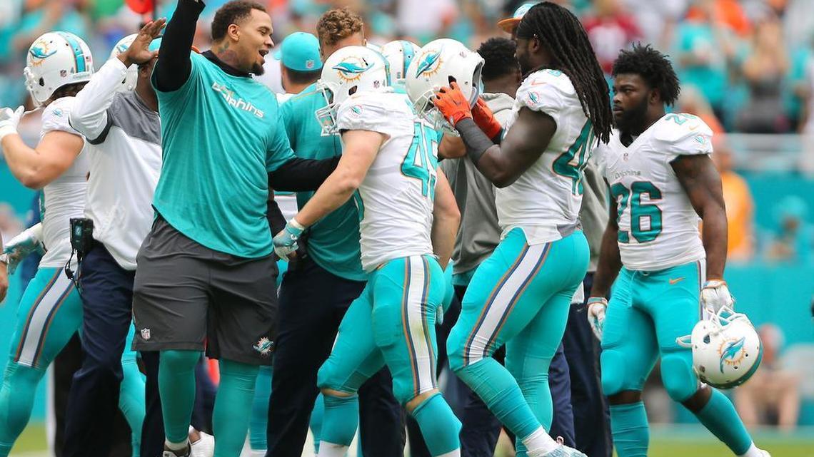 Miami Dolphins linebacker Mike Hull (45) is congratulated by center Mike Pouncey after intercepting a pass last season against the Arizona Cardinals.