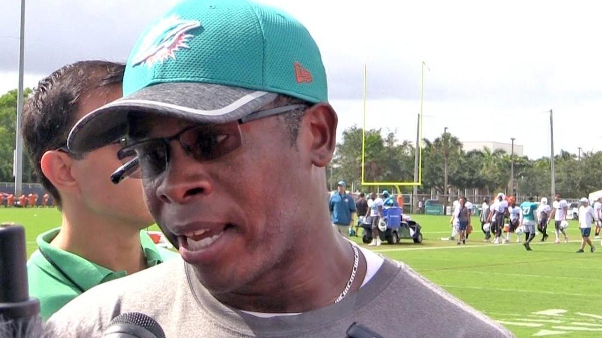Vance Joseph, Miami Dolphins defensive coordinator talks to the media at the Miami Dolphins training facility in Davie, Florida, Aug. 15, 2016.