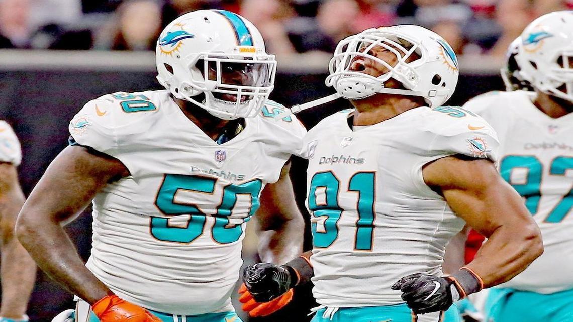 Miami Dolphins defensive ends Andre Branch and Cameron Wake celebrate after sacking Atlanta Falcons quarterback Matt Ryan in 2017. Defensive end should be a strength of this unit.