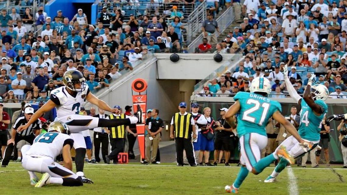 
Miami Dolphins cornerbacks Brent Grimes (21) and Brice McCain (24) can’t block the winning field goal by the Jacksonville Jaguars’ Jason Meyers in the final seconds at EverBank Field in Jacksonville, Florida, Sept. 20, 2015.
