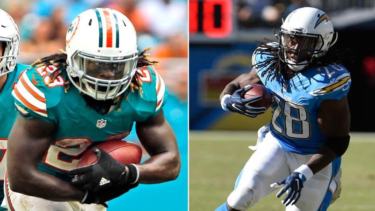 Miami Dolphins running back Jay Ajayi is shown at left, and San Diego running back Melvin Gordon is at right.