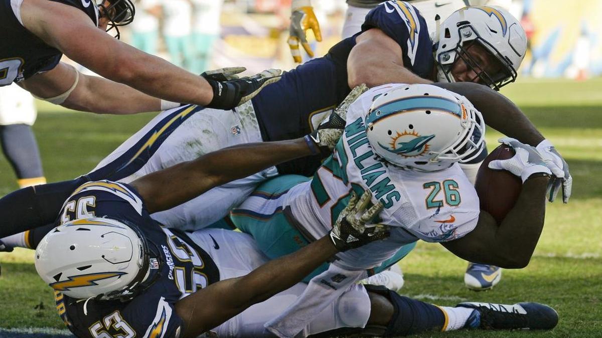 Miami Dolphins running back Damien Williams scores against the San Diego Chargers during the second half of an NFL football game in San Diego, Sun., Nov. 13, 2016.