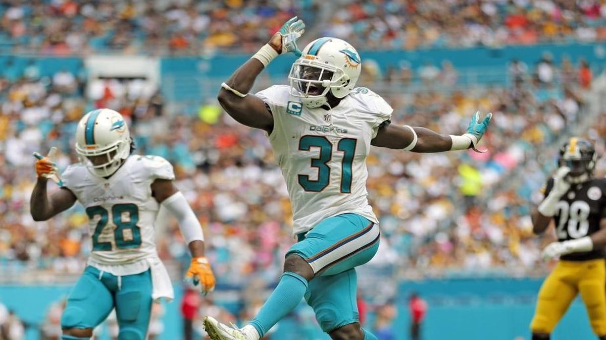 Miami Dolphins free safety Michael Thomas (31) reacts after stopping Pittsburgh Steelers defensive back Justin Gilbert (24) as the Miami Dolphins host the Pittsburg Steelers at Hard Rock Stadium on Sunday, October 16, 2016.