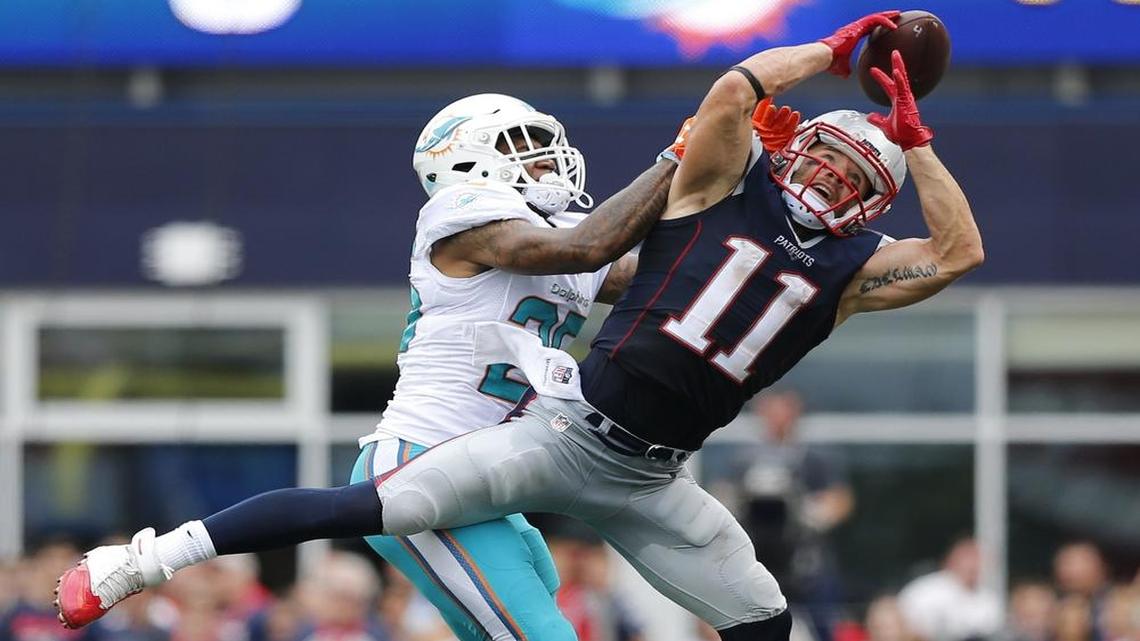 Miami Dolphins cornerback Xavien Howard (25) defends against the New England Patriots wide receiver Julian Edelman (11) on an incomplete pass in a 2016 game. Howard was the only defensive player the Dolphins selected early in the 2016 draft.
