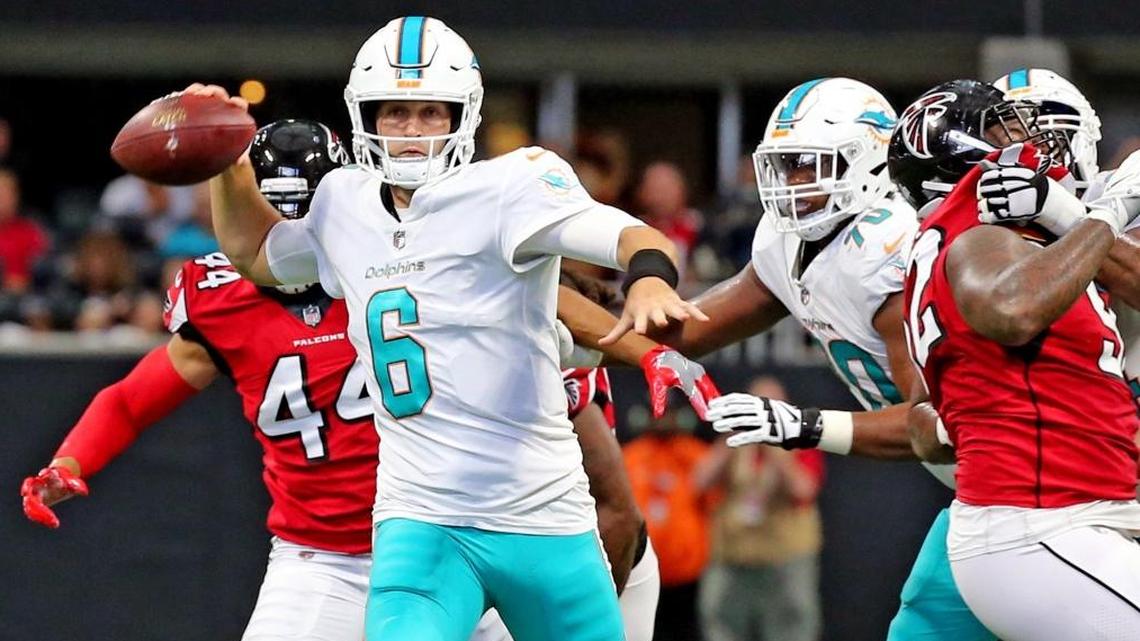 Miami Dolphins quarterback Jay Cutler (6) throws an interception late in the second quarter as they play the Atlanta Falcons at the Mercedes-Benz Stadium in Atlanta, Georgia, Oct. 15, 2017.
