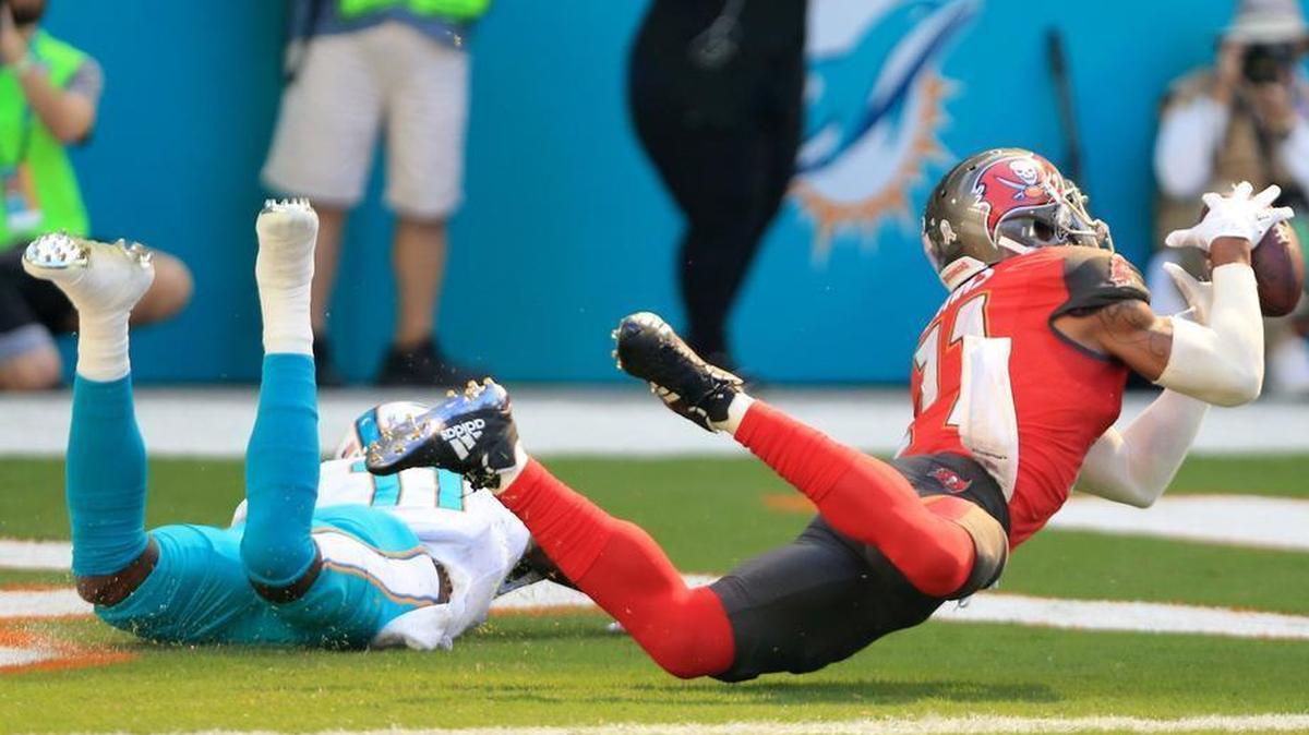 Tampa Bay Buccaneers strong safety Justin Evans intercepts the ball intended for Miami Dolphins wide receiver DeVante Parker, who fell down.