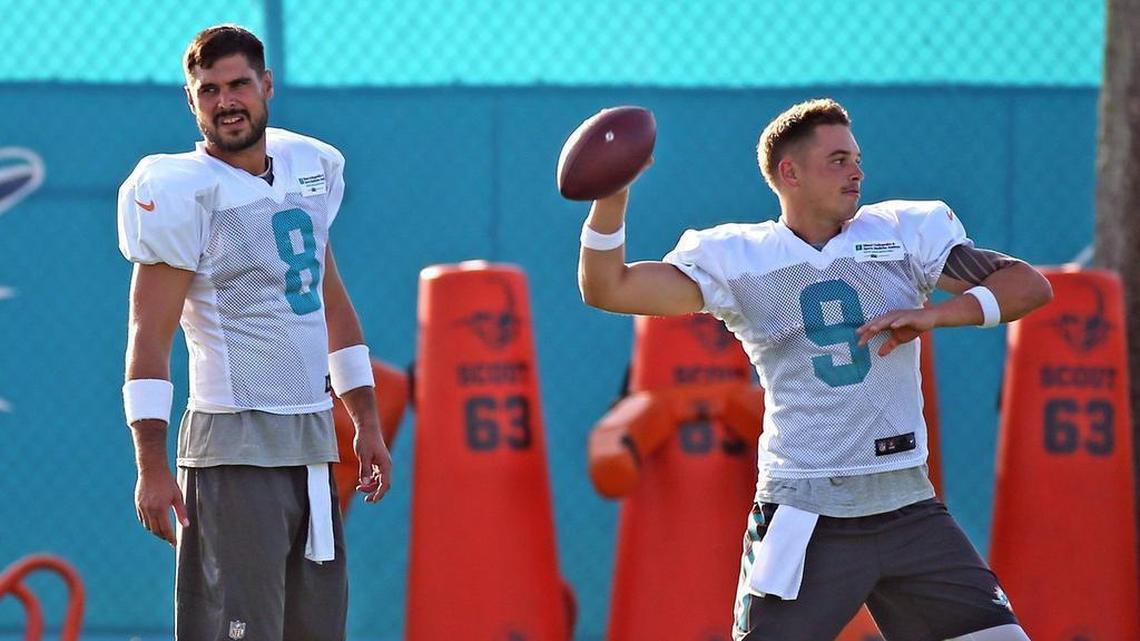 David Fales (9) may get a chance to replace Matt Moore (8) as the Miami Dolphins’ backup quarterback next season.