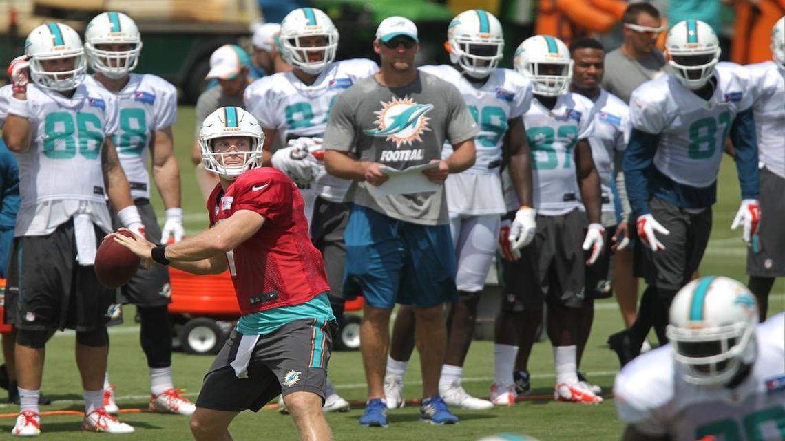 
Dolphins quarterback Ryan Tannehill looks down field for the long pass during Day 9 of the Miami Dolphins’ training camp in Davie on Sunday, August 9, 2015.
