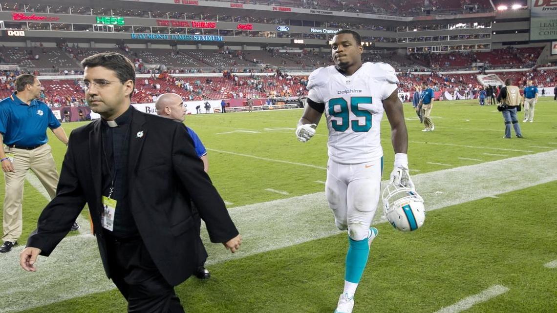Miami Dolphins defensive end Dion Jordan leaves the field after a game against the Tampa Bay Buccaneers at Raymond James Stadium in Tampa on Nov. 11, 2013.
