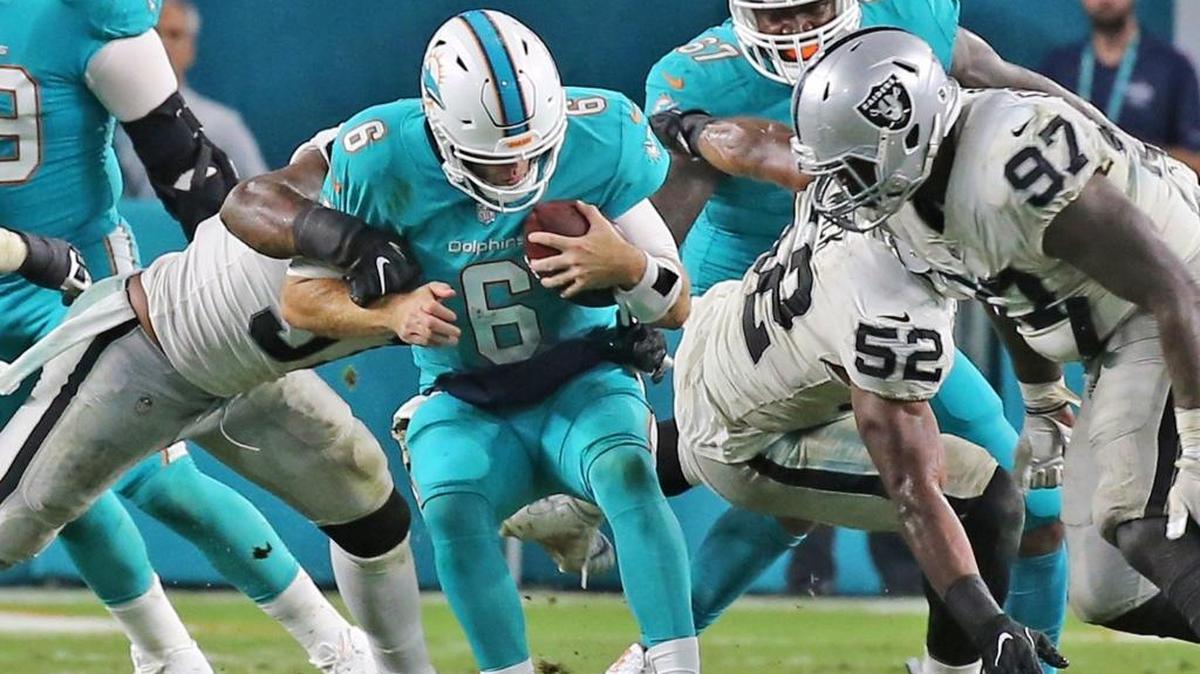 The Miami Dolphins offensive line has not allowed a ton of sacks, such as this one, but it has allowed much pressure on quarterback Jay Cutler.