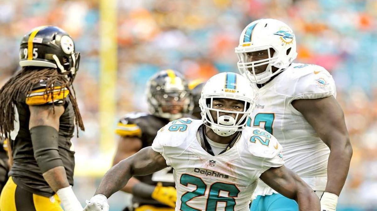 Miami Dolphins running back Damien Williams (26) flexes his muscles after a 2016 season run against Pittsburgh.