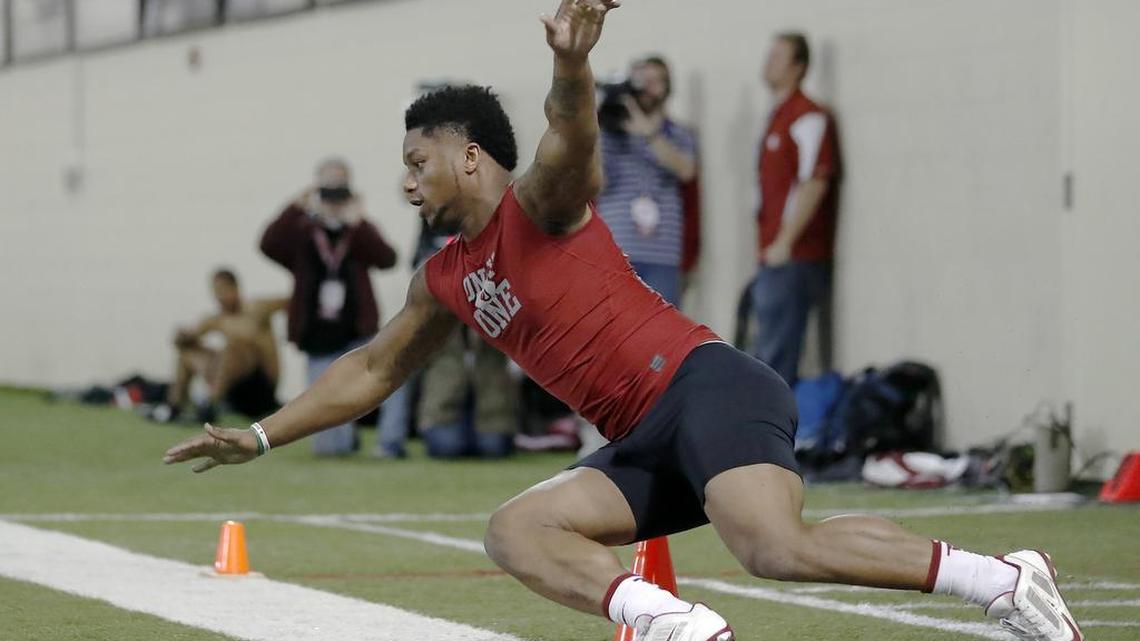 Running back Joe Mixon runs a drill at Oklahoma's Pro Day, Wednesday, March 8, 2017, in Norman, Okla. The event is to showcase players for the upcoming NFL football draft.