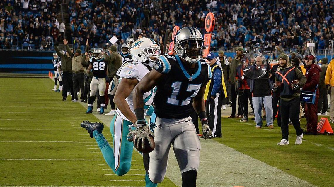 Carolina Panthers receiver Devin Funchess beat the Miami Dolphins for two TD passes on Monday night, Nov. 13, 2017.