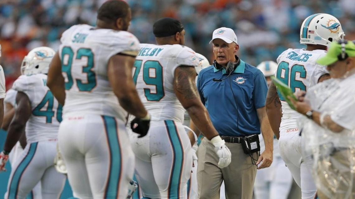 
Head coach Joe Philbin on the sidelines as the defense walks off the field. The Miami Dolphins host the Buffalo Bills in the home opener at Sun Life Stadium in Miami Gardens on Sunday, September 27, 2015.
