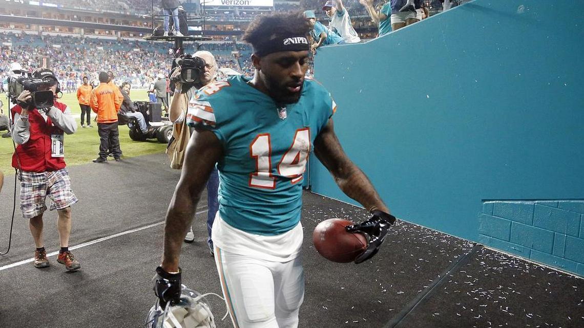 Miami Dolphins wide receiver Jarvis Landry walks out after being ejected in the season finale.