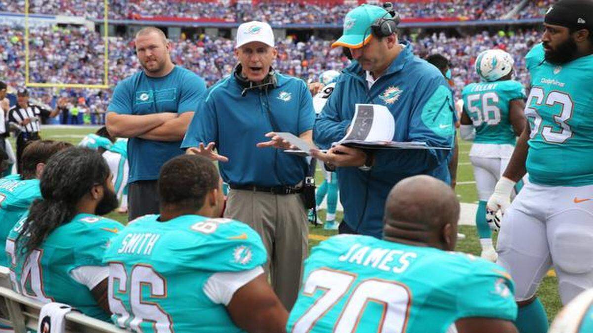 
Problems: Coach Joe Philbin talks with the offensive line, which is part of an offense that has scored only three touchdowns in 33 December possessions.
