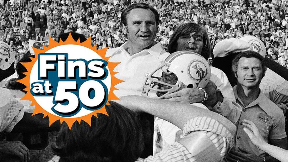 
Don Shula is carried off the field after the Dolphins won Super Bowl 7 on Jan. 14, 1973. The 14-7 victory over the Washington Redskins is the culmination of their perfect 17-0 season.
