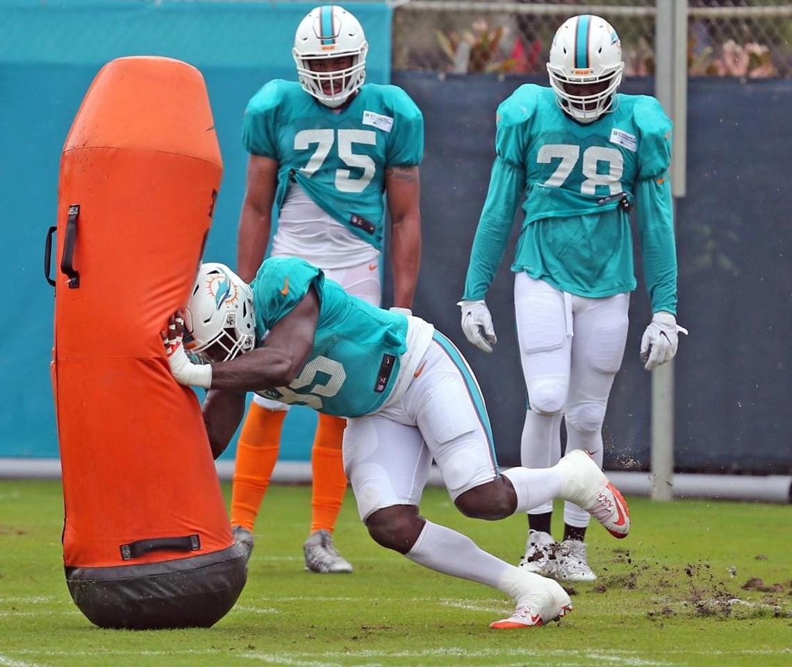 Miami Dolphins DE William Hayes 95, runs a defensive drill during training camp at the Miami Dolphins training facility in Davie, Fla., July 31, 2017.