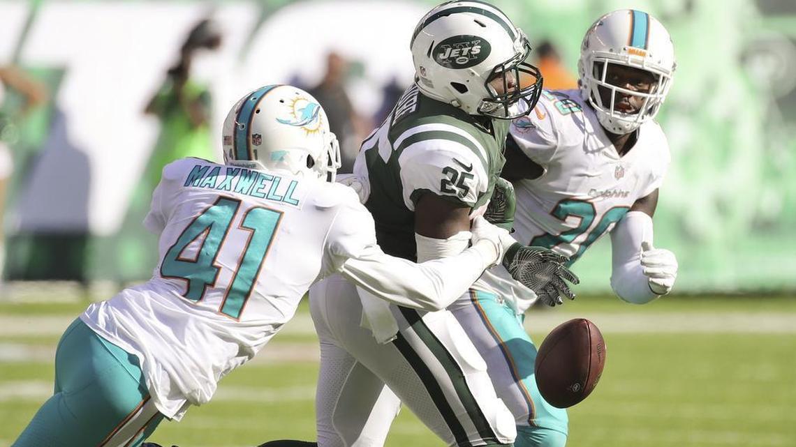 Miami Dolphins cornerback Byron Maxwell, here causing a fumble in the first meeting between the teams, has been replaced in the lineup.