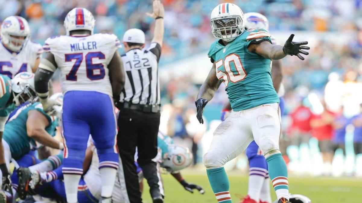 Dolphins defensive end Andre Branch celebrates after a sack last month against the Bills. Branch has 12 tackles and two sacks in his four starts compared to just 11 tackles and 1 1/2 sacks in the previous five games when he wasn’t a starter.
