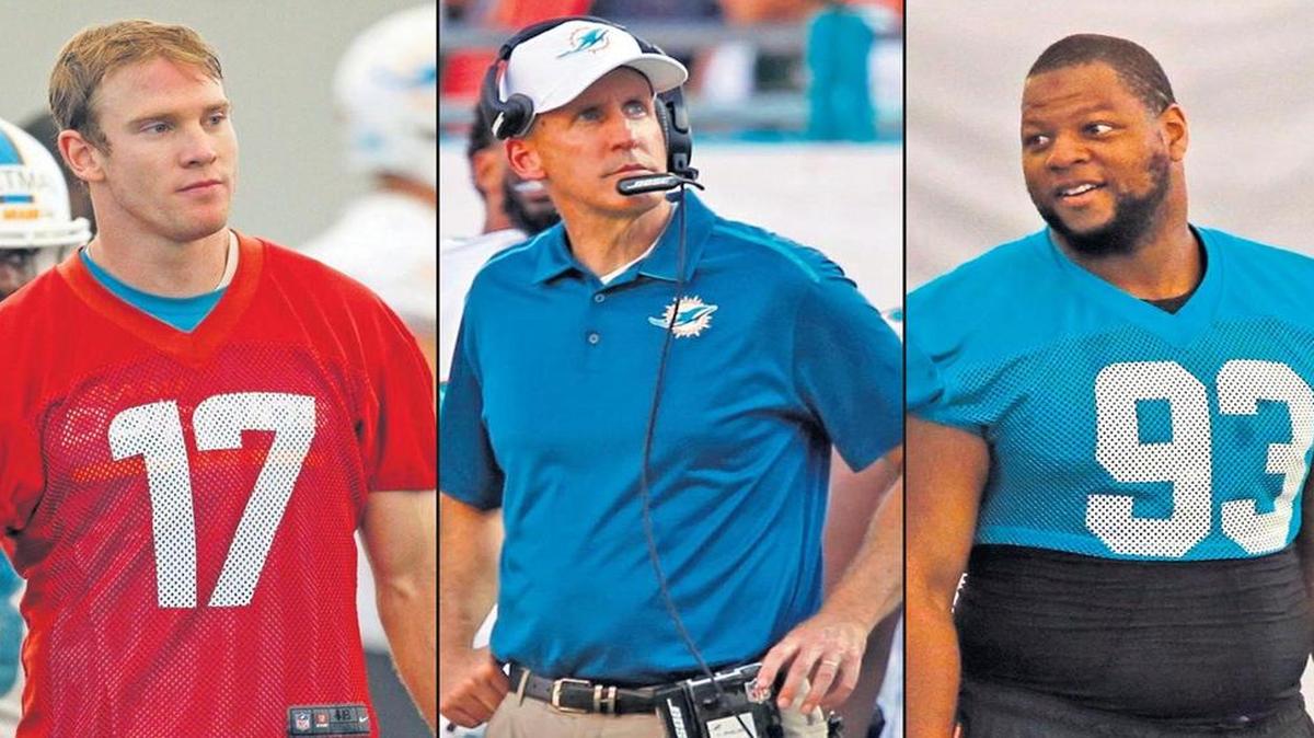 
From left, Miami Dolphins quarterback Ryan Tannehill, coach Joe Philbin and defensive tackle Ndamukong Suh.
