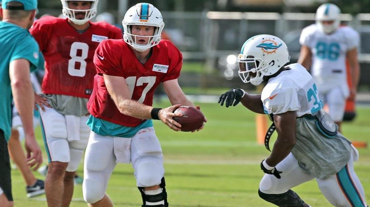 Miami Dolphins quarterback Ryan Tannehill (17) hands the ball off to running back Kenyan Drake (32) during training camp at the Miami Dolphins training facility in Davie, Fl, Aug. 3, 2017.