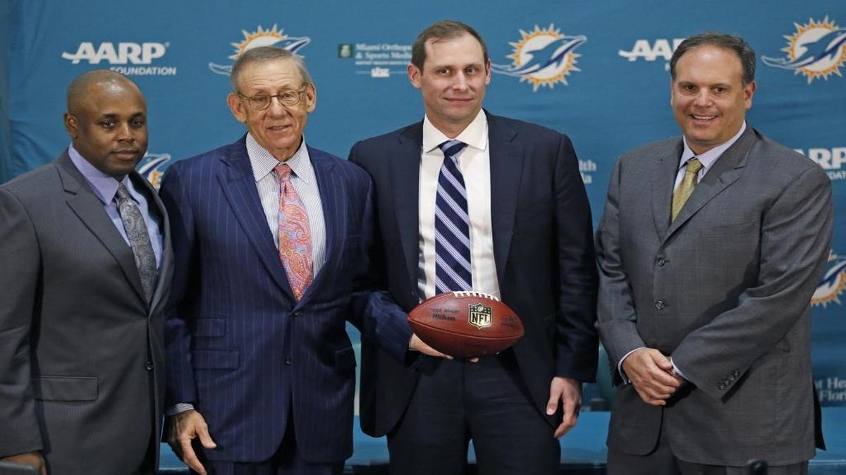 From left, Miami Dolphins general manager Chris Grier, owner Stephen M. Ross, coach Adam Gase and Mike Tannenbaum, vice president of football operations, will be responsible for reconstructing the roster in 2017 and beyond.