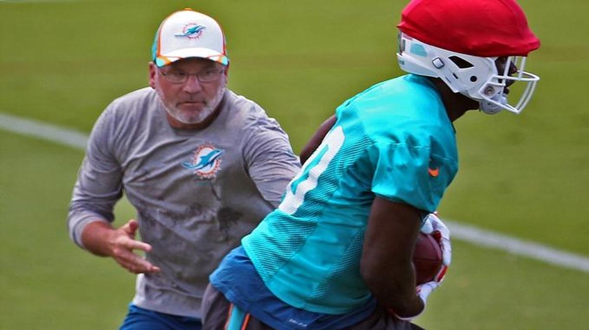 
Miami Dolphins defensive coordinator Kevin Coyle, left, hands off the play during OTAs on Monday, June 1, 2015.
