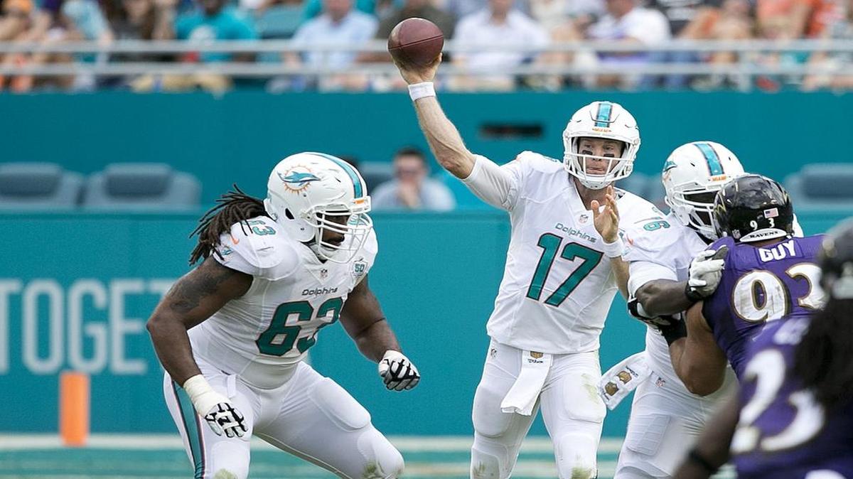 Miami Dolphins quarterback Ryan Tannehill (17) sets up to pass as the Miami Dolphins host the Baltimore Ravens at Sun Life Stadium on Sunday, December 6, 2015.