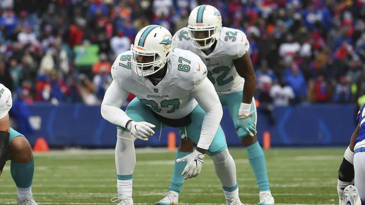 Miami Dolphins offensive tackle Laremy Tunsil (67) in action against the Buffalo Bills during a game last December. The Dolphins are hoping Tunsil will improve playing alongside four-time Pro Bowl guard Josh Sitton.